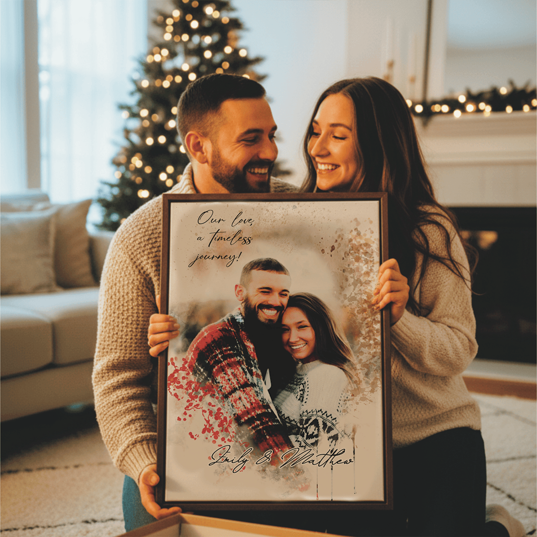 couple holding framed poster of illustrated watercolor couples portrait sitting in font of Christmas tree 