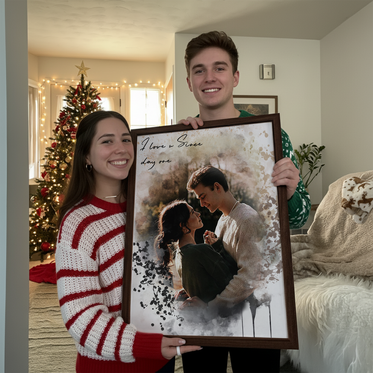 couple holding framed poster of illustrated watercolor couples portrait 