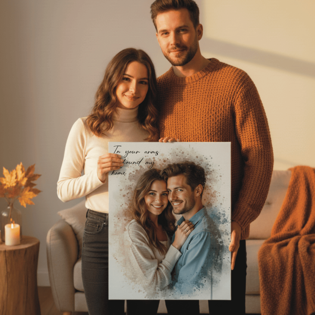 couple smiling and holing a personalized portrait of themselves 
