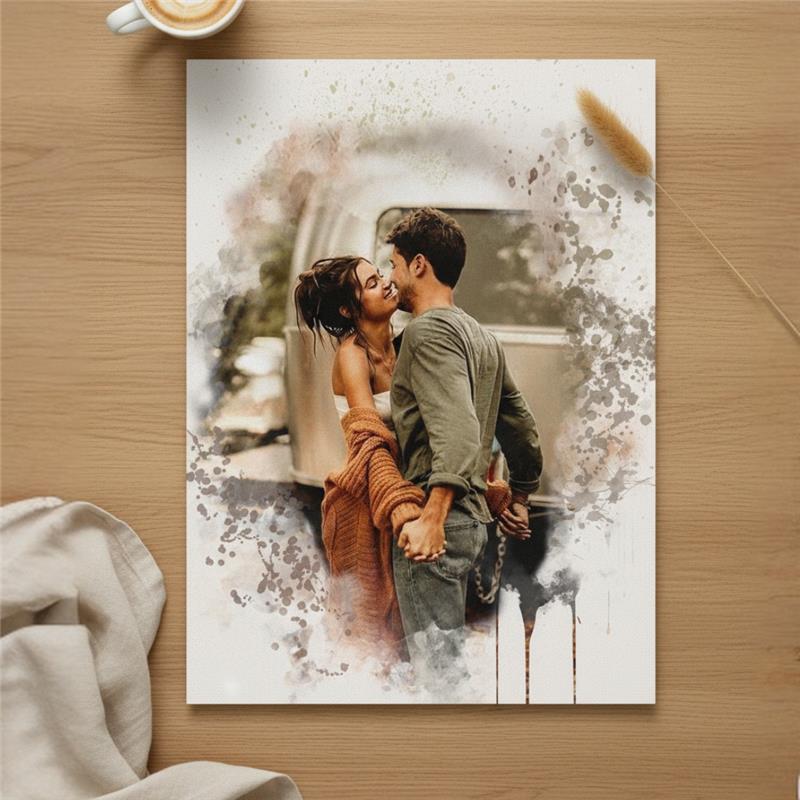 Romantic couple holding hands and embracing on an artistic watercolor-style canvas print