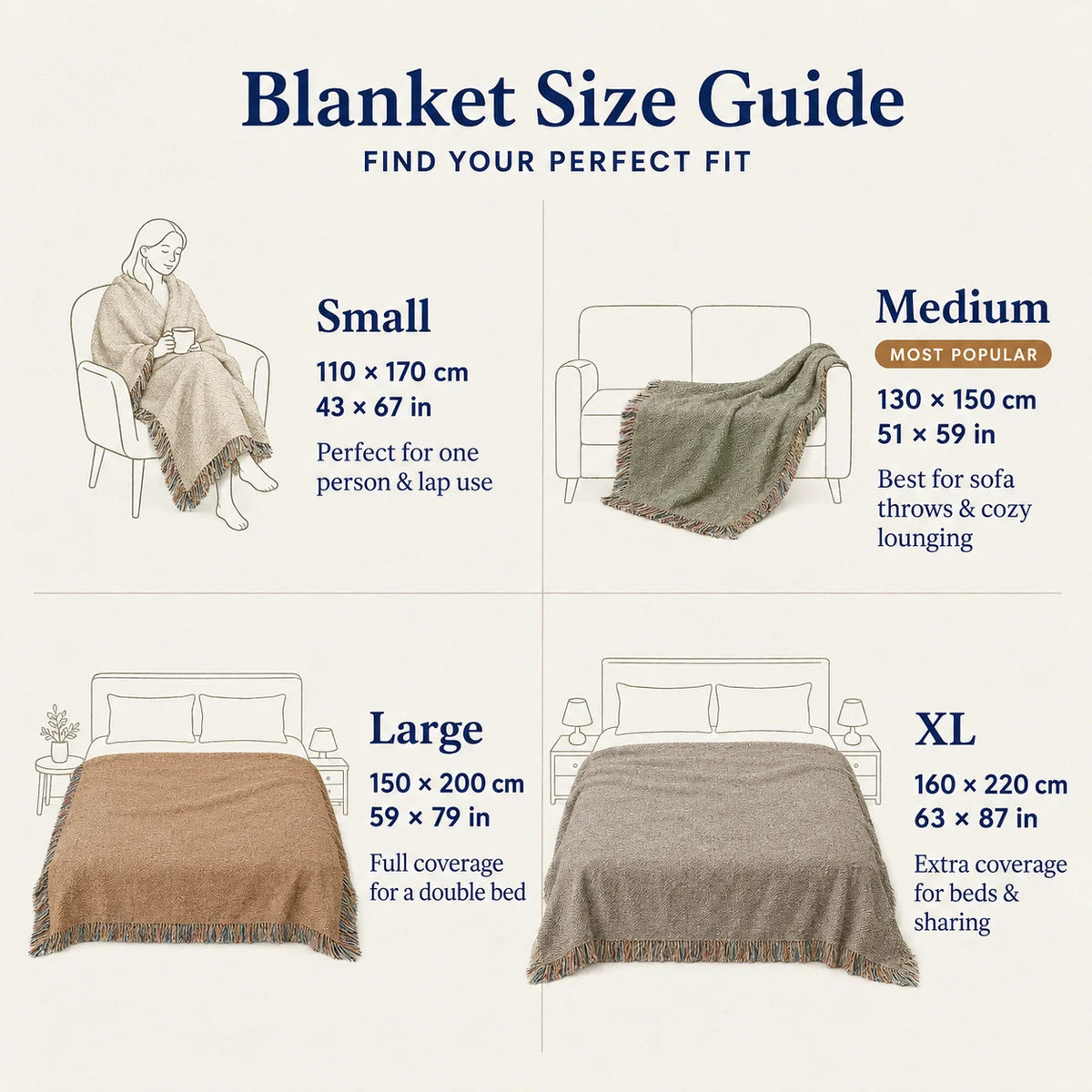 Blanket size guide for the Custom Couple Woven Blanket — Small 43x67 in for one person, Medium 51x59 in for sofa throws (most popular), Large 59x79 in for a double bed, XL 63x87 in for extra coverage