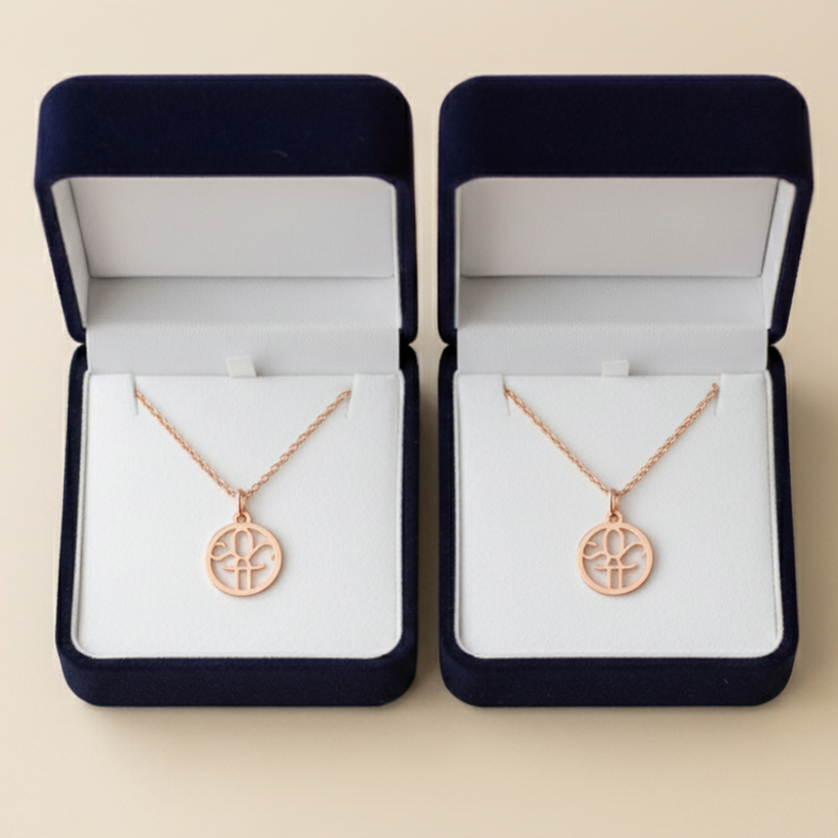 matching gold monogram necklaces in blue jewelry boxes 