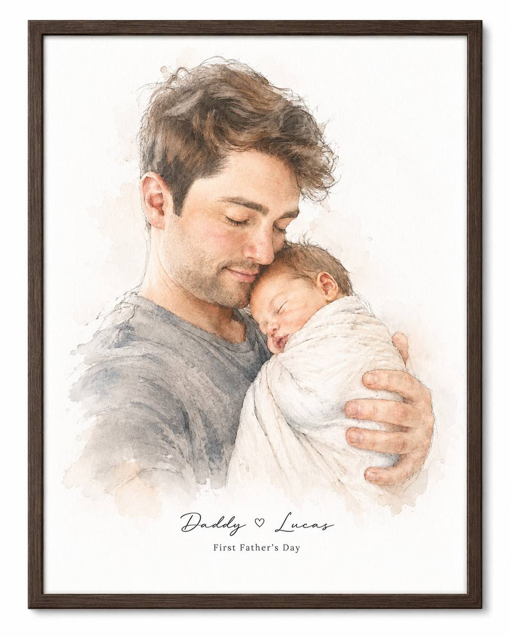 Personalized Father's Day watercolor portrait - dad and child playing with garden hose