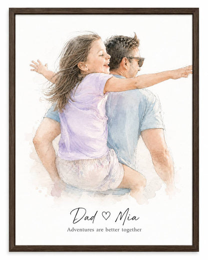 Hand-drawn Father's Day watercolor portrait - dad baking with child