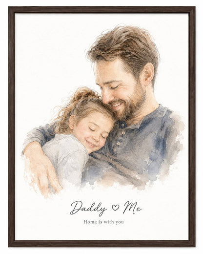Custom Father's Day watercolor portrait - dad embracing child