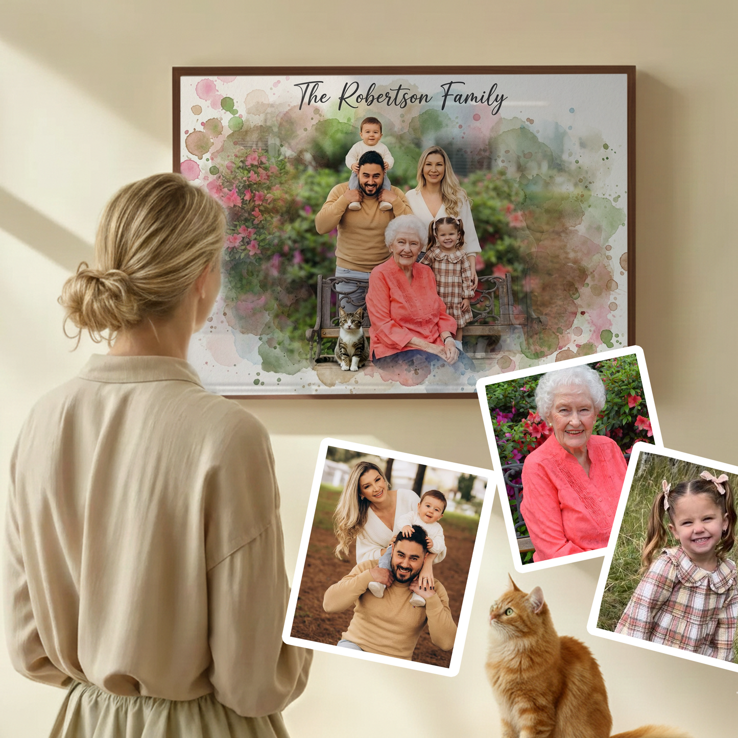 woman looking at watercolor style merging family canvas with the photos on the side showing the people combined in portrait 