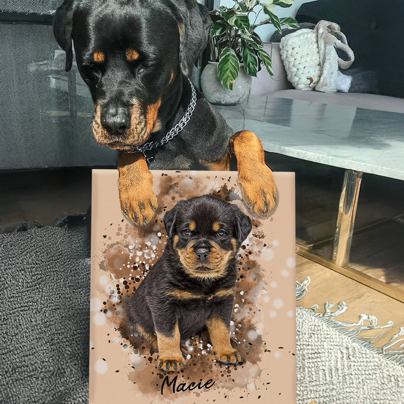 large breed dog resting on personalized pet portrait 