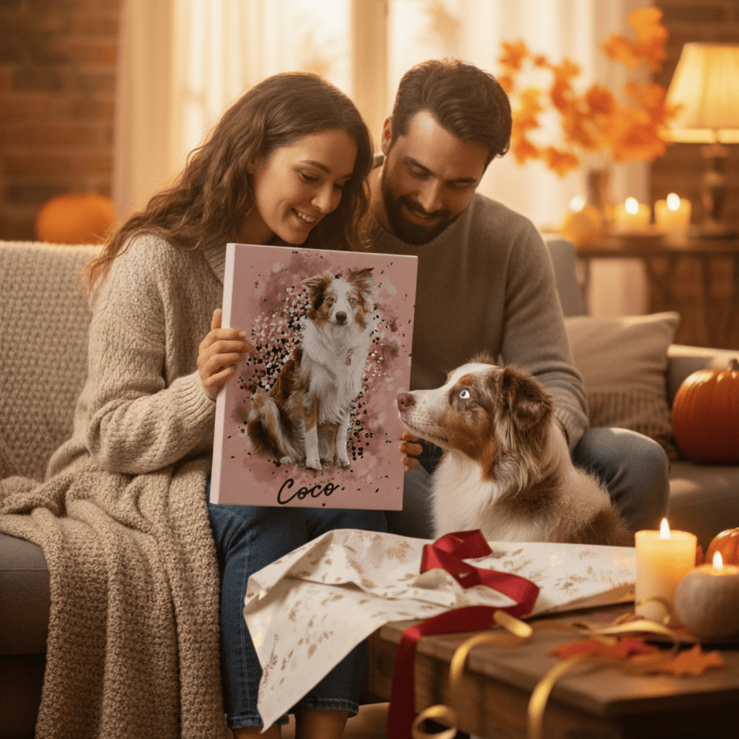 couple unwrapping personalized illustration of their medium size breed dog