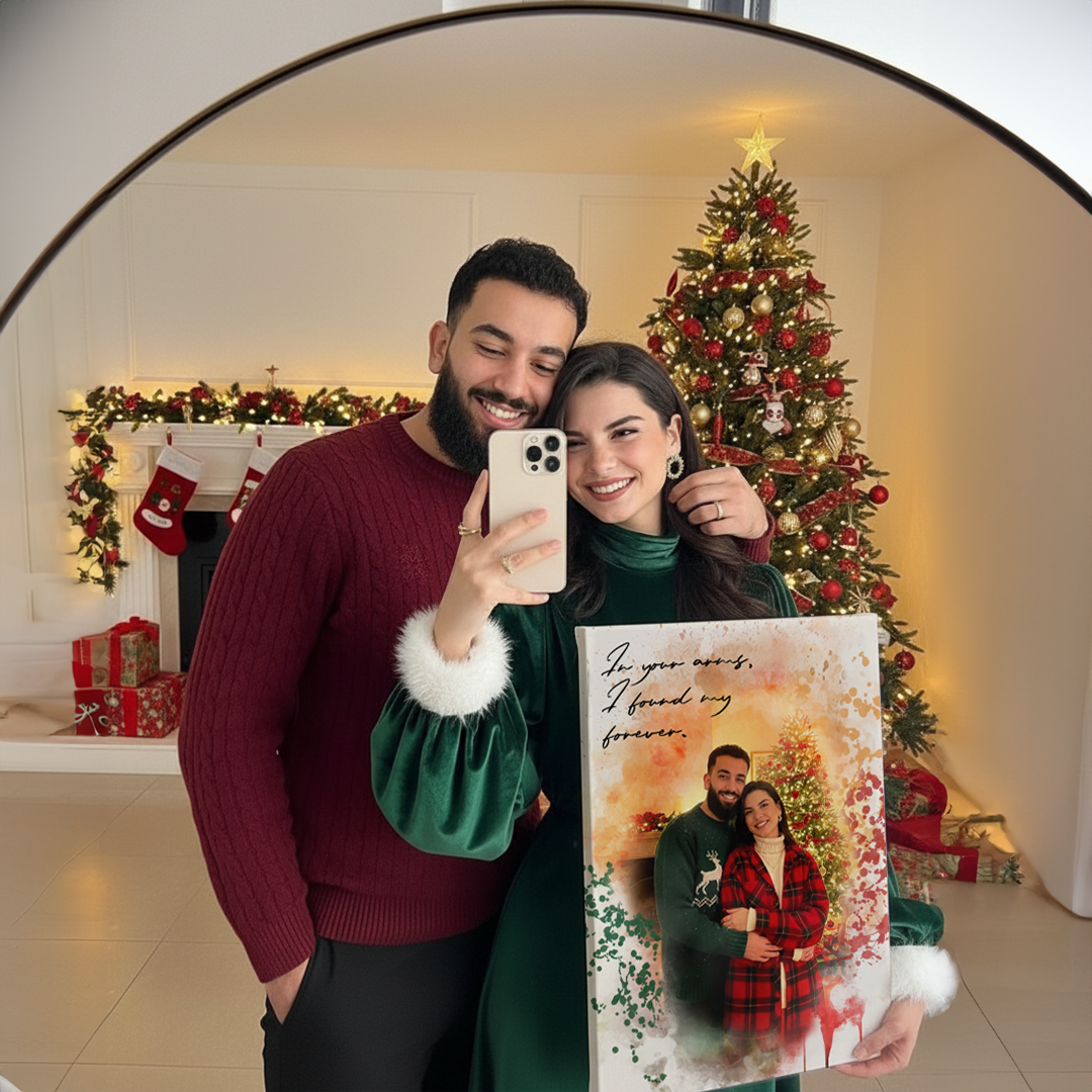 Couple taking a photo Infront of the mirror holding a portrait canvas with Christmas setting 