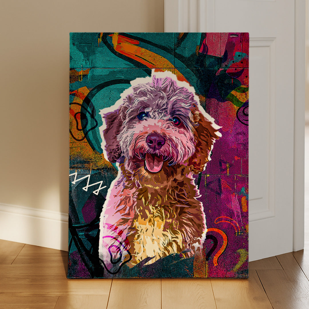 graffiti style of personalized pet portrait leaning against a wall 