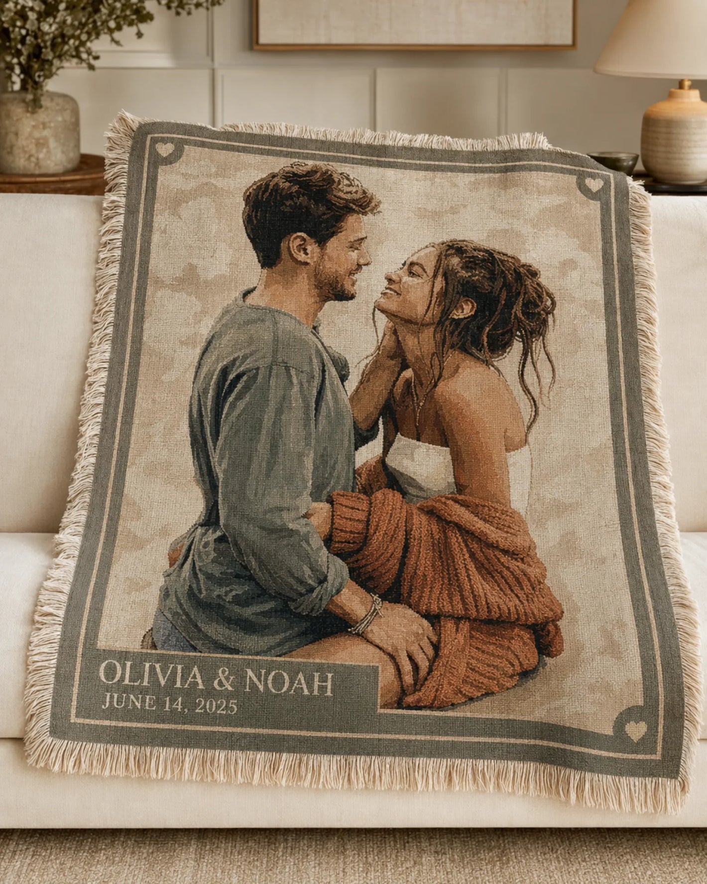 Heirloom Frame custom couple woven blanket draped over a cream sofa
