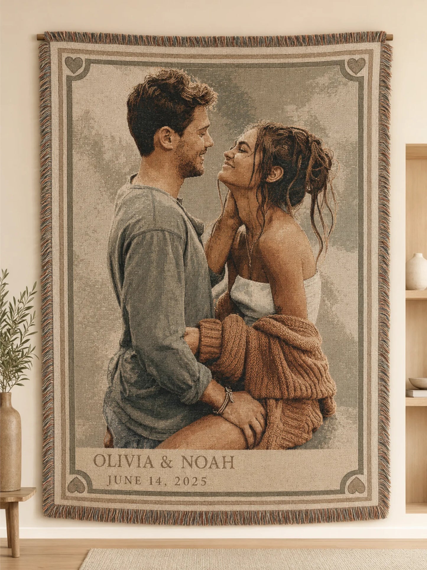 Heirloom Frame custom couple woven blanket hanging on a wall as tapestry art