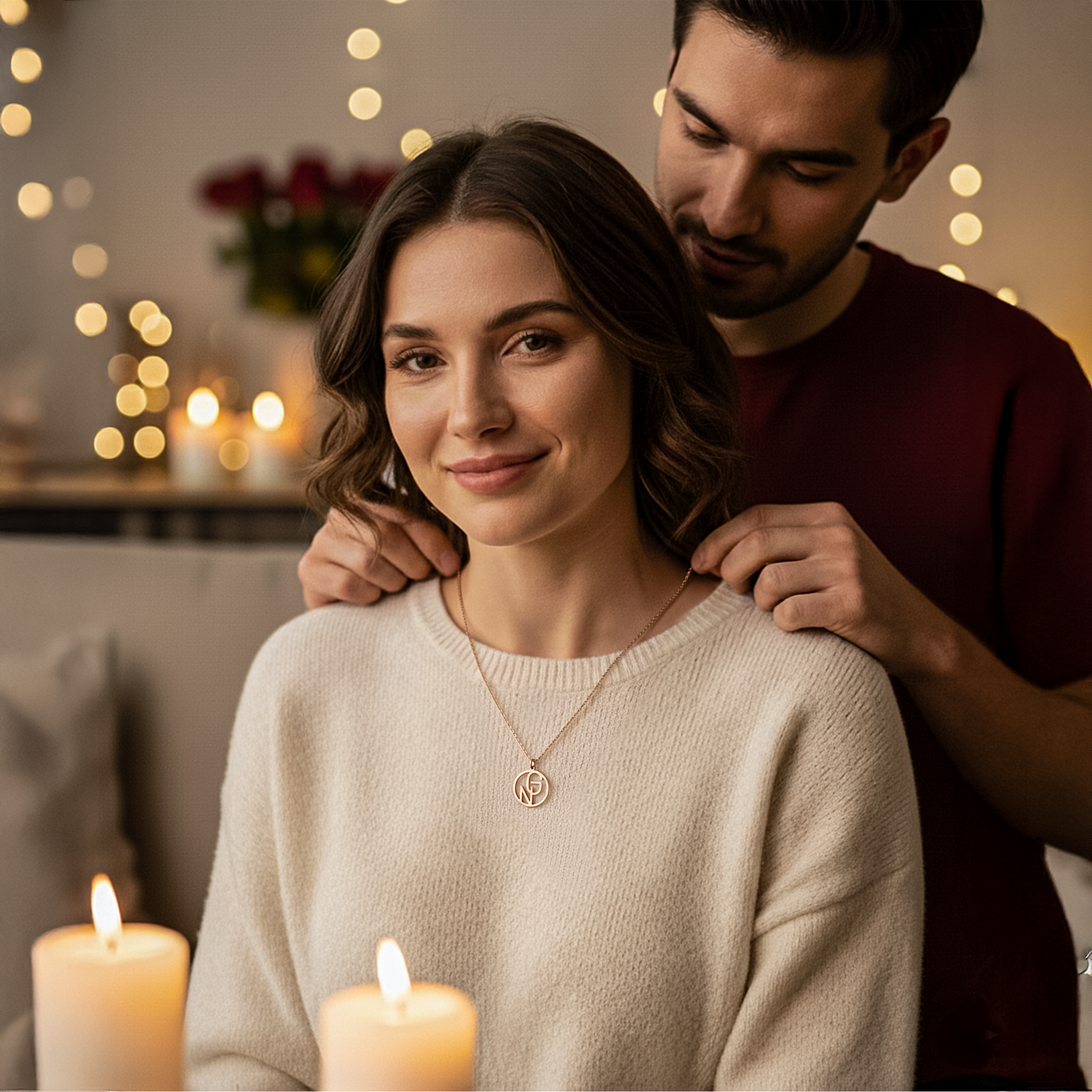 man placing monogram necklace on woman