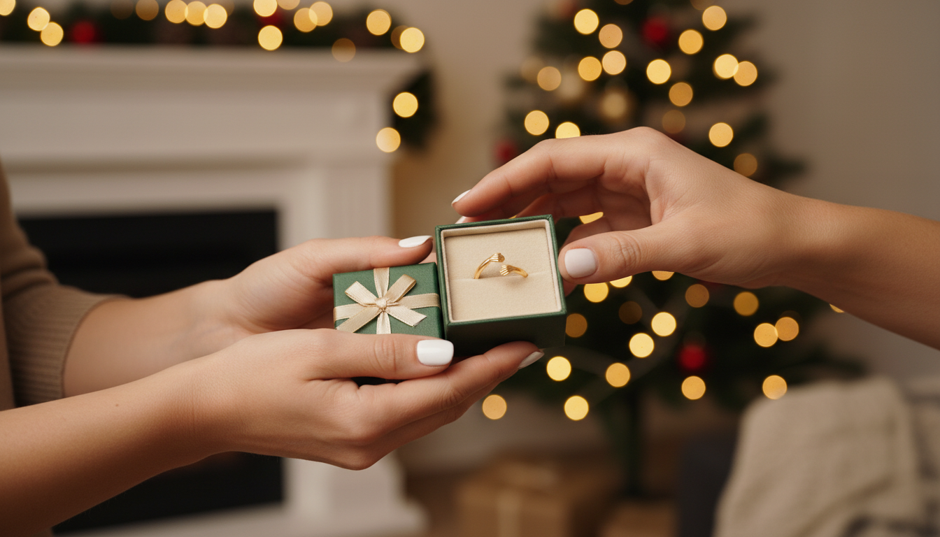 close up of ring box with adjustable gold hug ring inside 