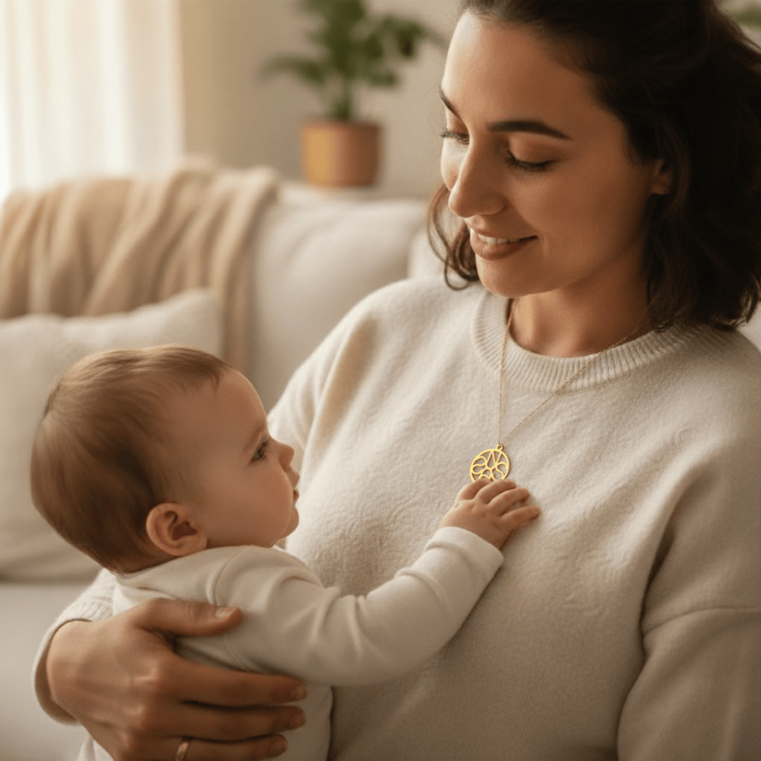 mother holding infant child while wearing gold monogram necklace while sitting on a chair
