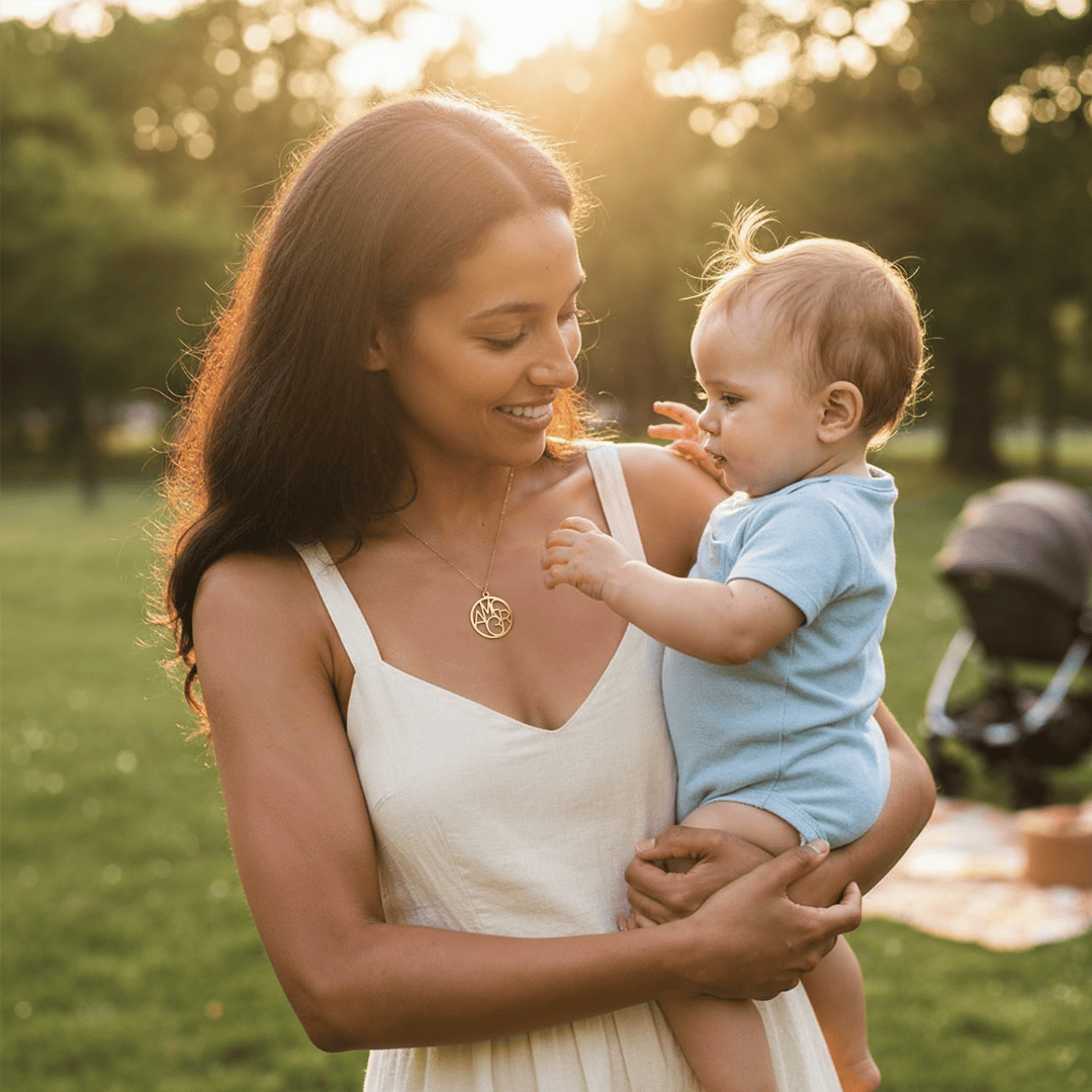 mother holding infant child while wearing gold monogram necklace while outside in a park