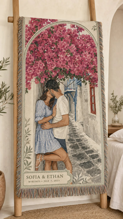 Mykonos Bloom custom couple woven blanket displayed on a wooden ladder