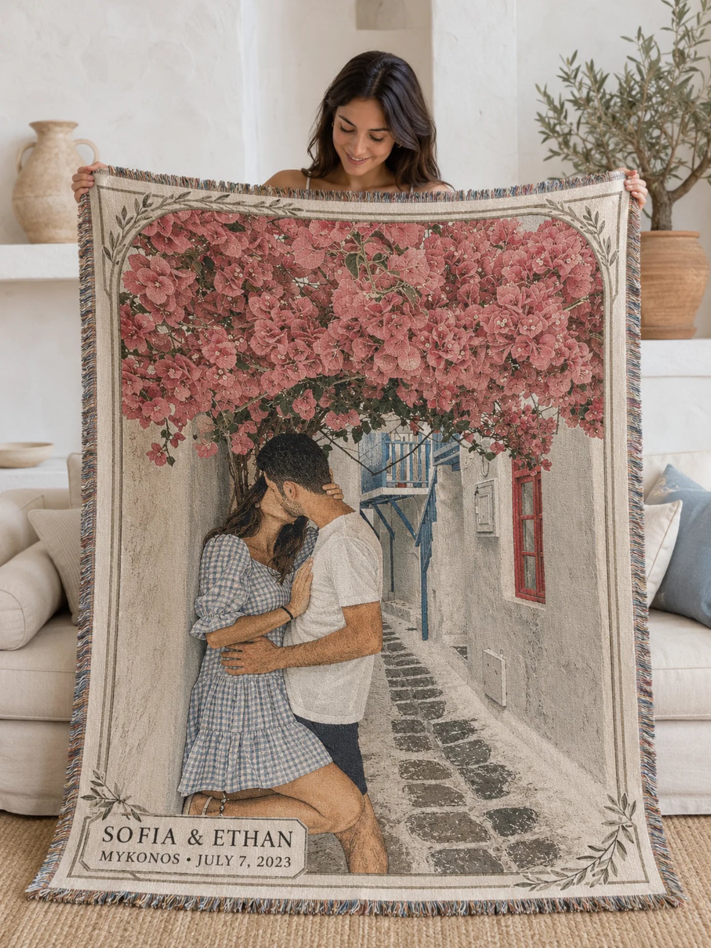 Custom Couple Woven Blanket in the Mykonos Bloom design, bougainvillea arch with names, location and date