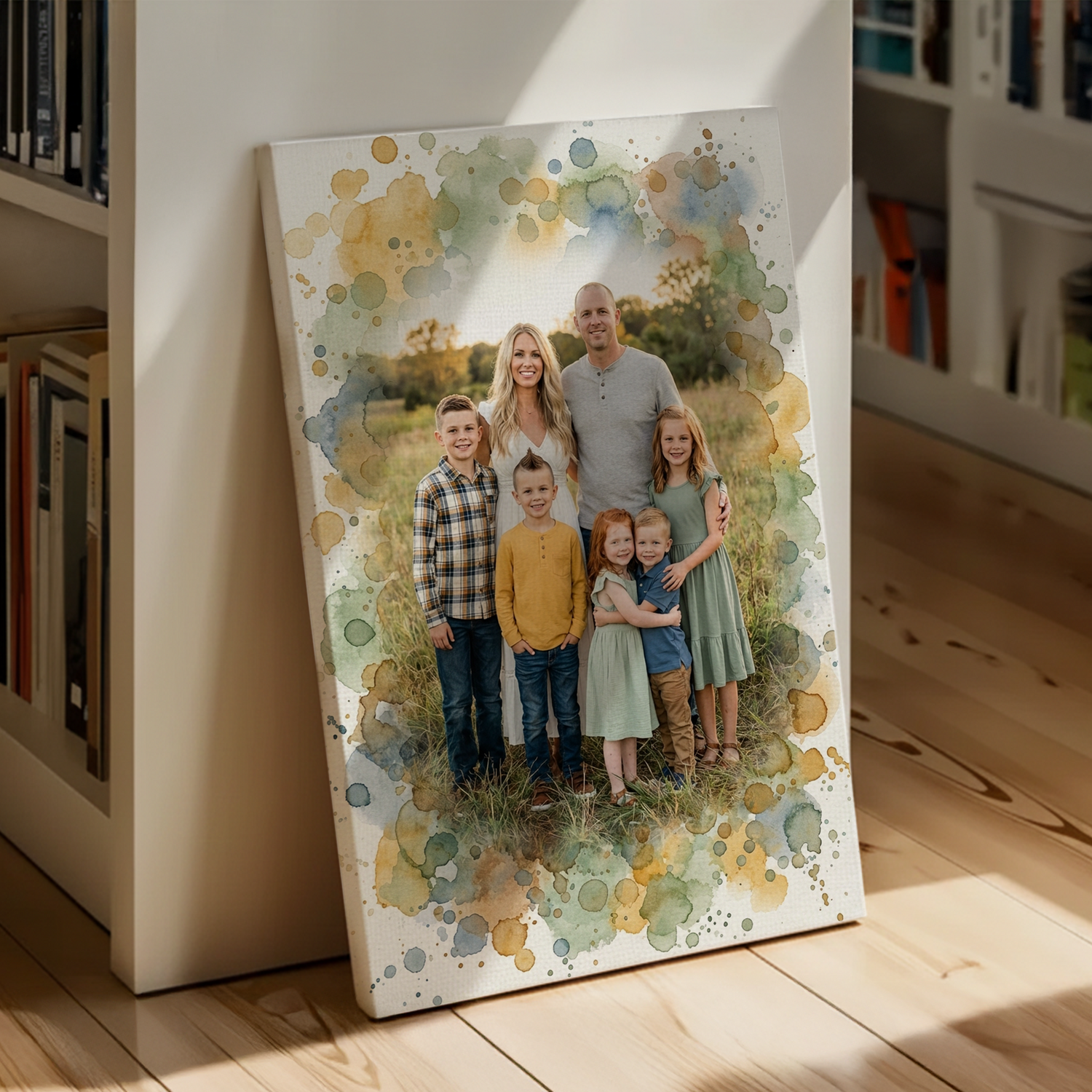 watercolor style merging family canvas leaning on bookshelf 