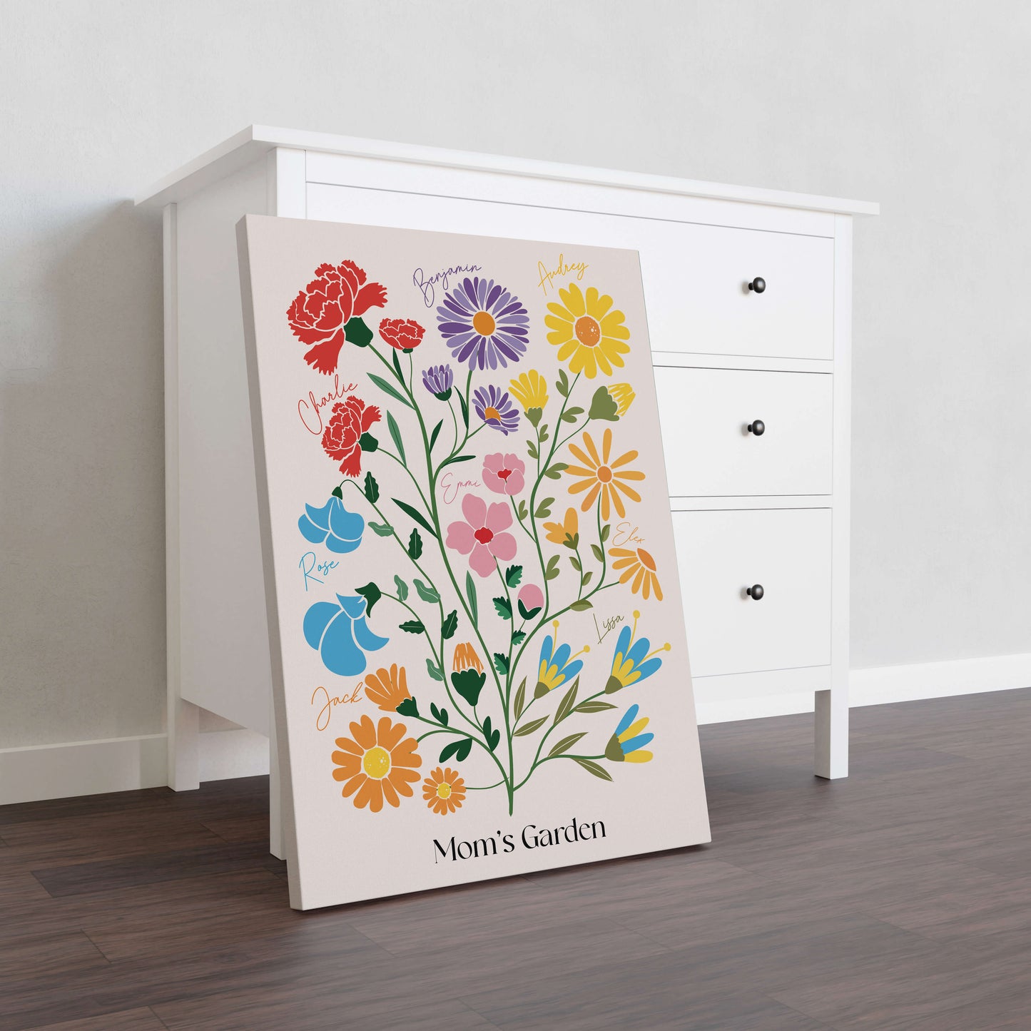 A large wrapped canvas "Mom's Garden" birth flower print featuring numerous colorful blooms and family names like Charlie and Audrey, leaning against a white dresser.