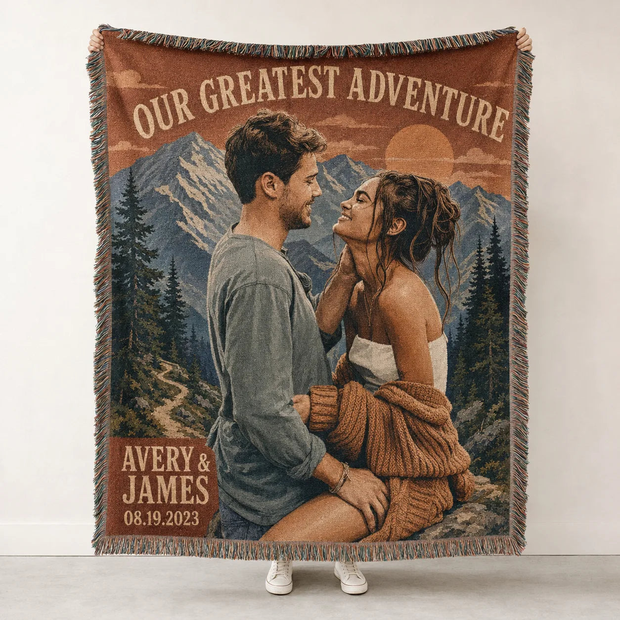 Custom Couple Woven Blanket in the Our Greatest Adventure design, mountain sunset with names and date