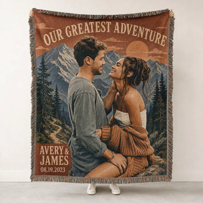 Custom Couple Woven Blanket in the Our Greatest Adventure design, mountain sunset with names and date