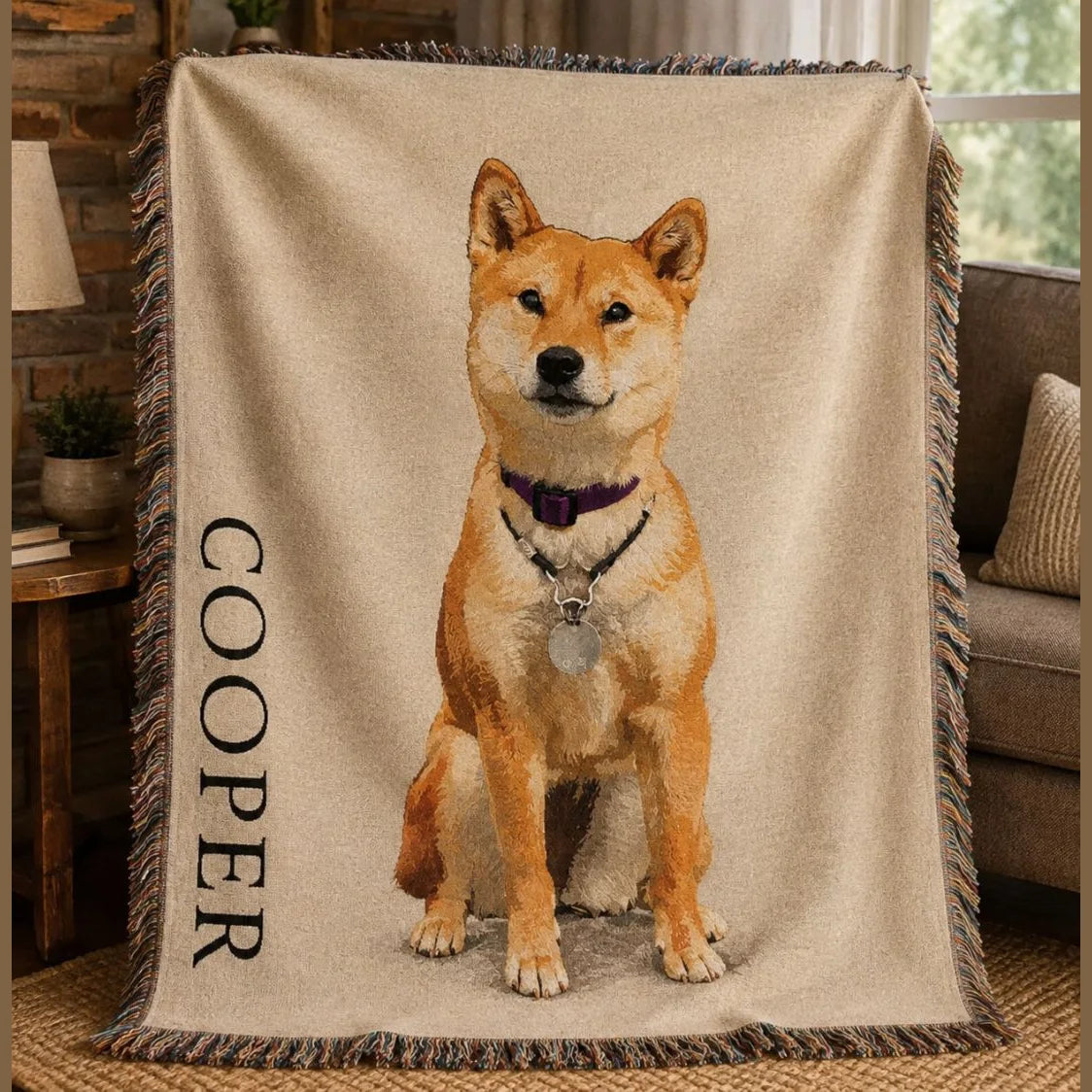 Personalized dog woven blanket in the Classic Cream design, Shiba Inu portrait with the name COOPER woven down the side