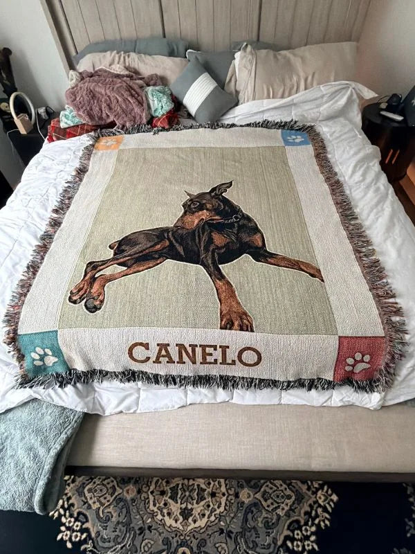 Customer photo of a personalized dog woven blanket in the Paw Border Linen design