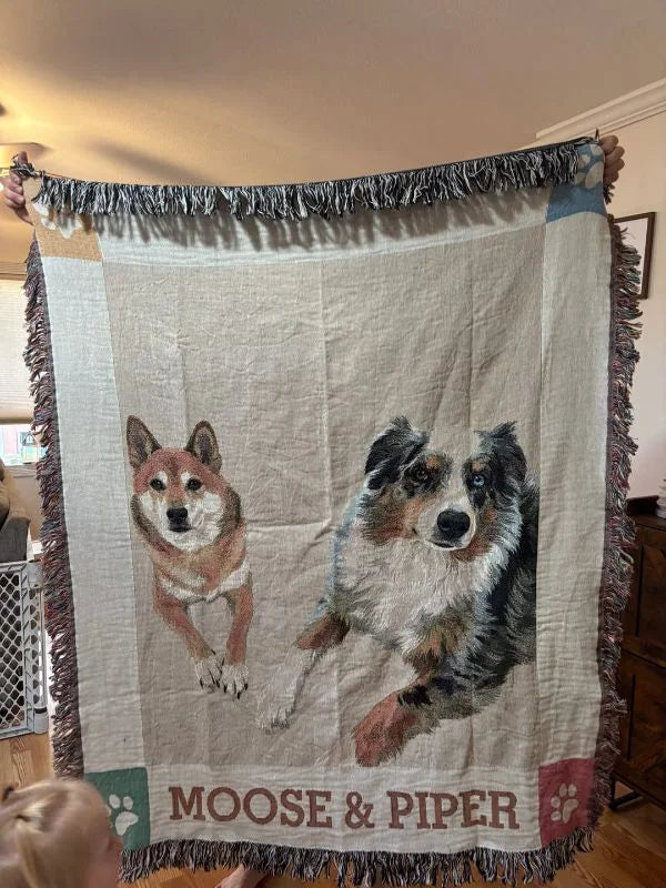 Customer photo of a personalized dog woven blanket featuring two dogs