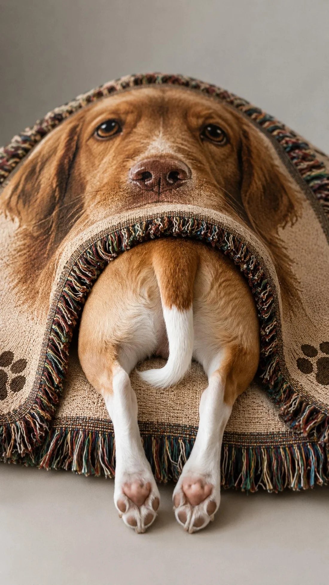 Dog peeking out from under a personalized woven blanket printed with its own portrait and paw prints