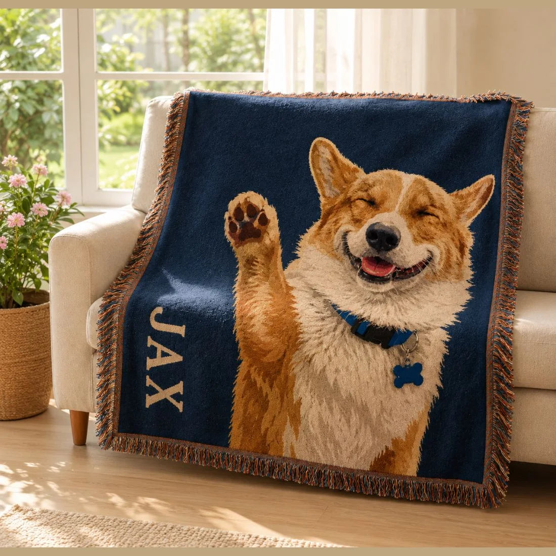 Personalized dog woven blanket in the High Five design featuring a corgi portrait and woven name