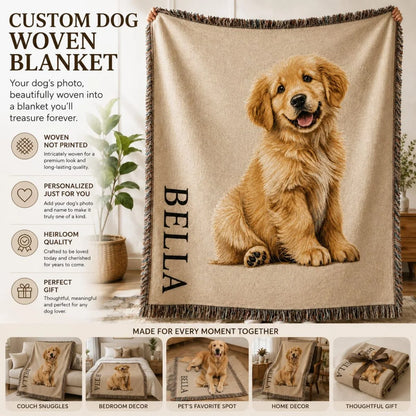 How the personalized dog woven blanket is made — upload a photo, approve the proof, we weave it