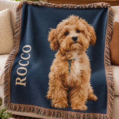 Personalized dog woven blanket in the Midnight Navy design with a woven dog portrait and name