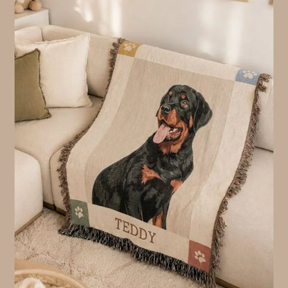 Personalized dog woven blanket in the Paw Border Linen design, Rottweiler portrait with paw-print corners and the name TEDDY
