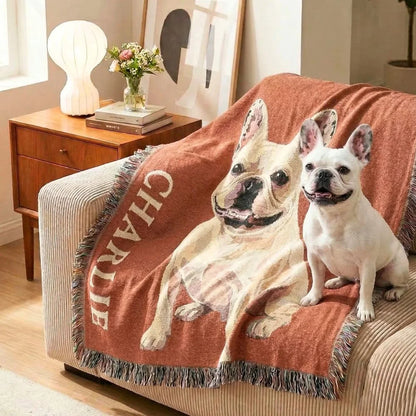Personalized dog woven blanket in the Saddle design with a woven dog portrait and name