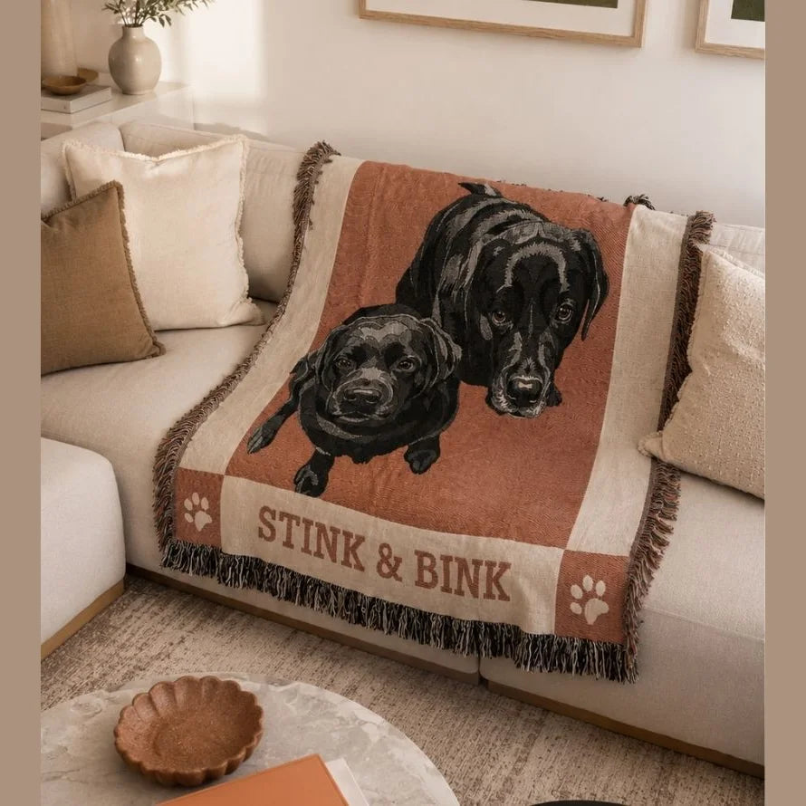 Personalized dog woven blanket in the Spiced Orange design with a woven dog portrait and name