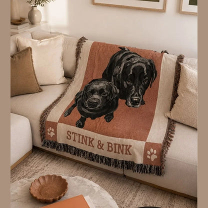 Personalized dog woven blanket in the Spiced Orange design with a woven dog portrait and name