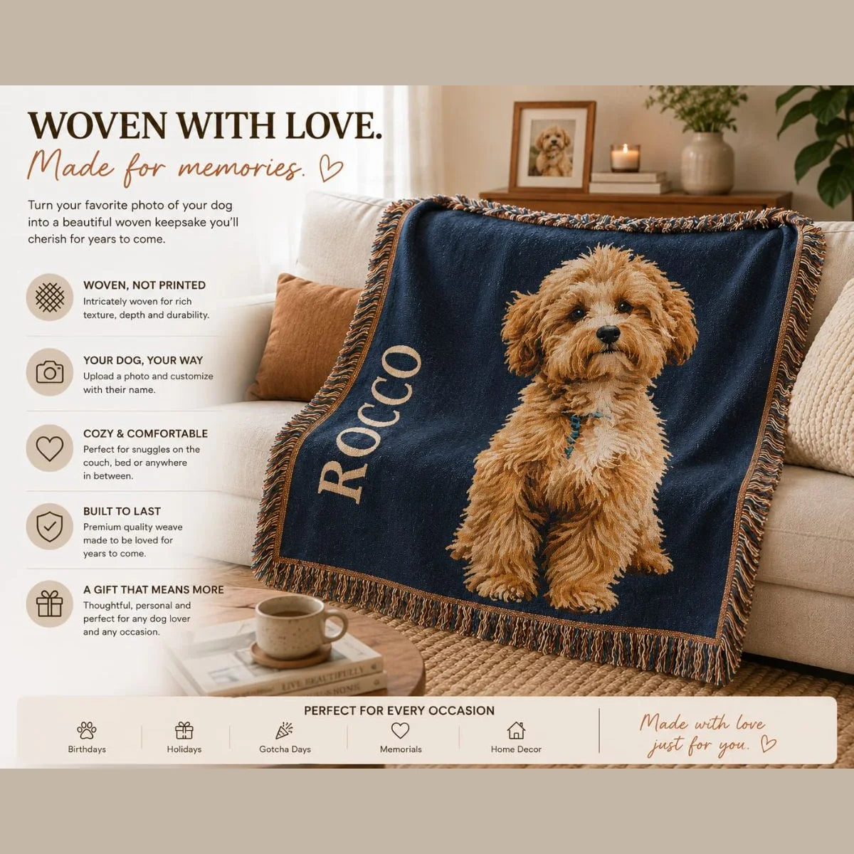 Why the personalized dog woven blanket is woven, not printed — heirloom-quality yarn-dyed cotton