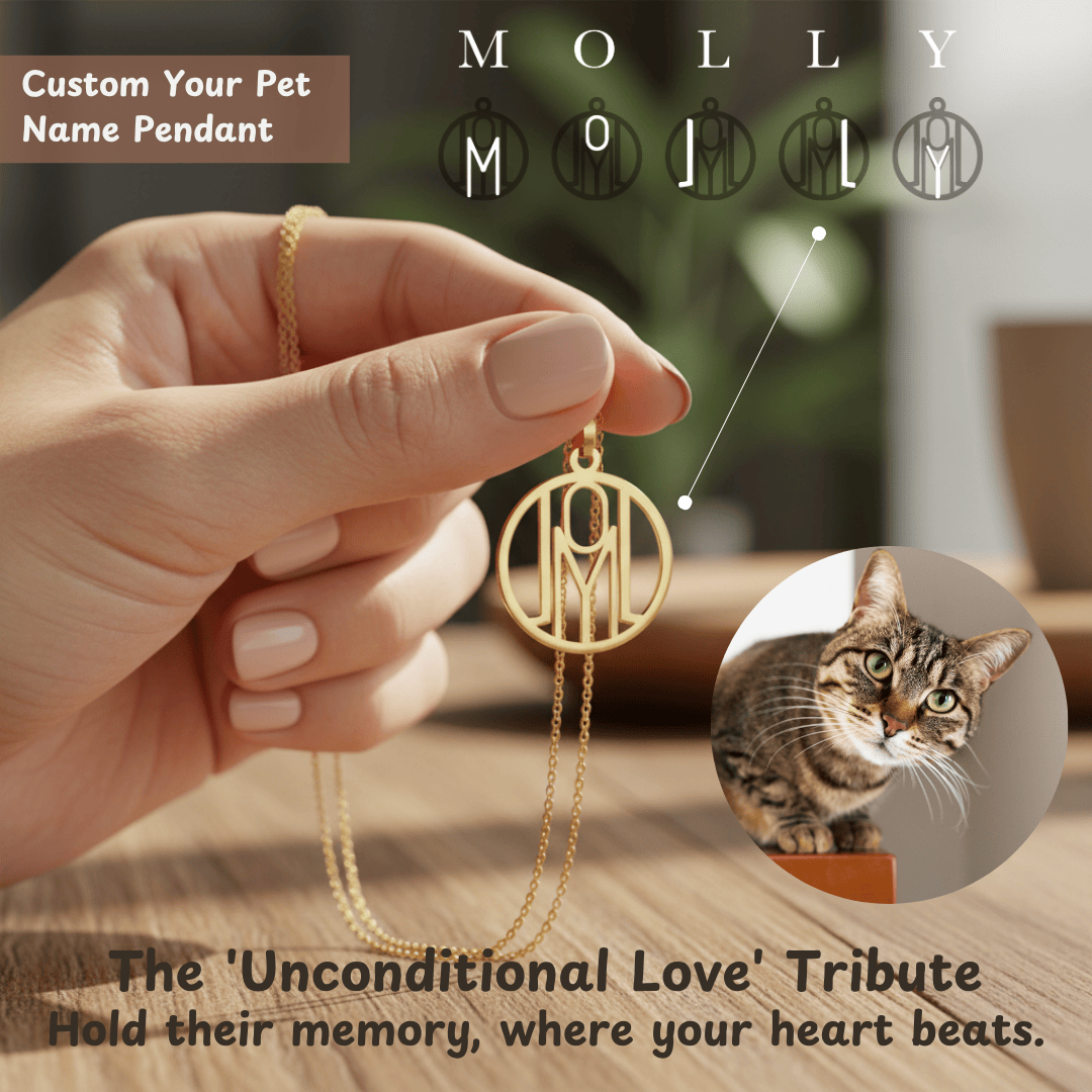 hand holding gold monogram necklace with text overlay saying the unconditional love tribute hold their memory where your heart beasts