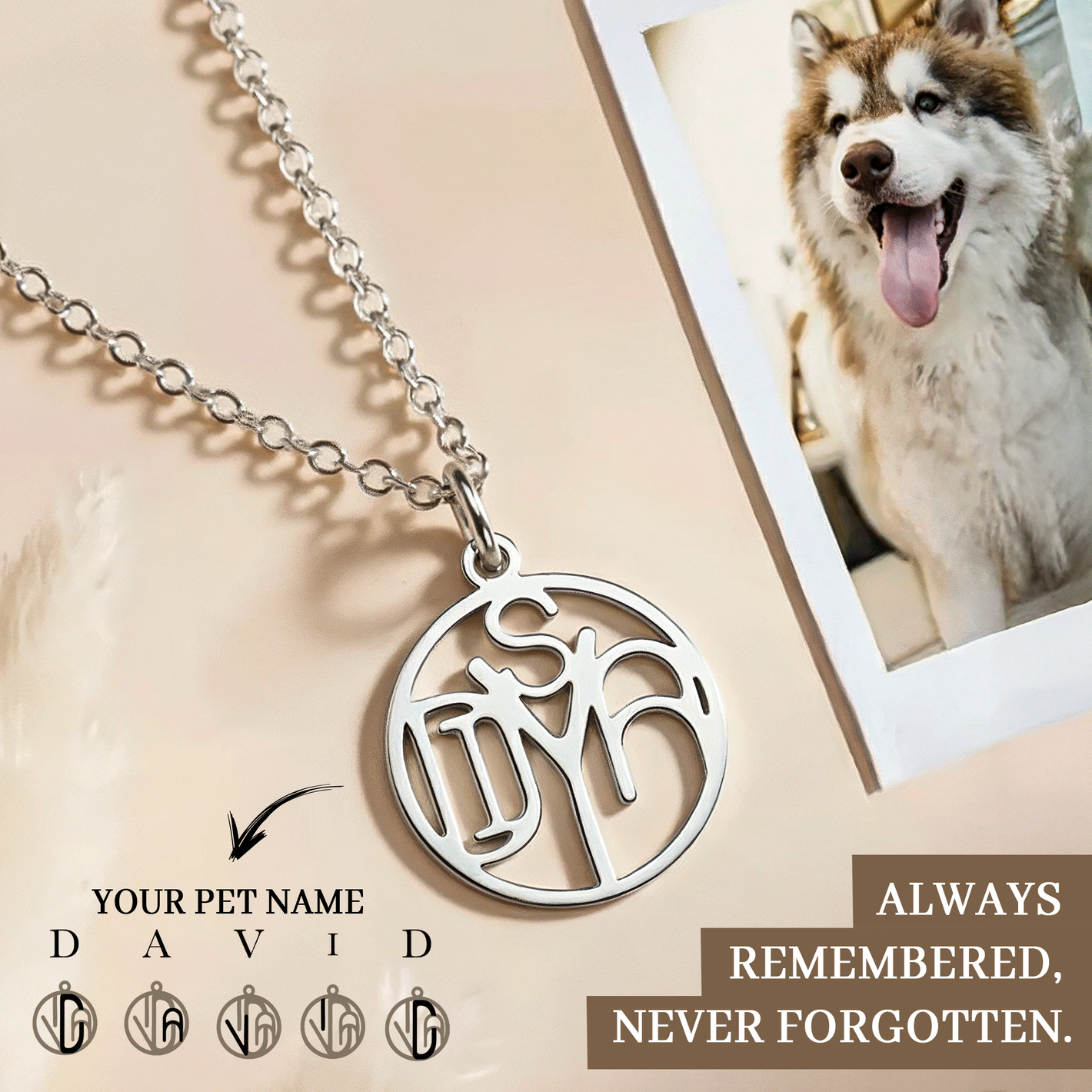 silver monogram necklace with the words always remembered, never forgotten