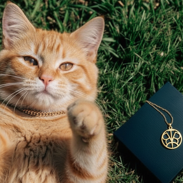 cat laying on grass next to a gold monogram necklace 
