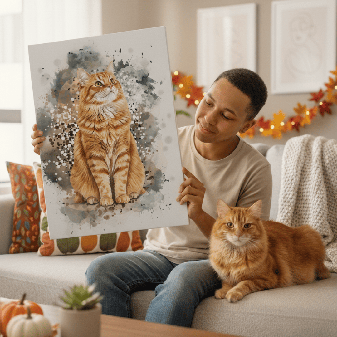 man sitting with his at on a couch and holding a personalized pet portrait of his orange cat