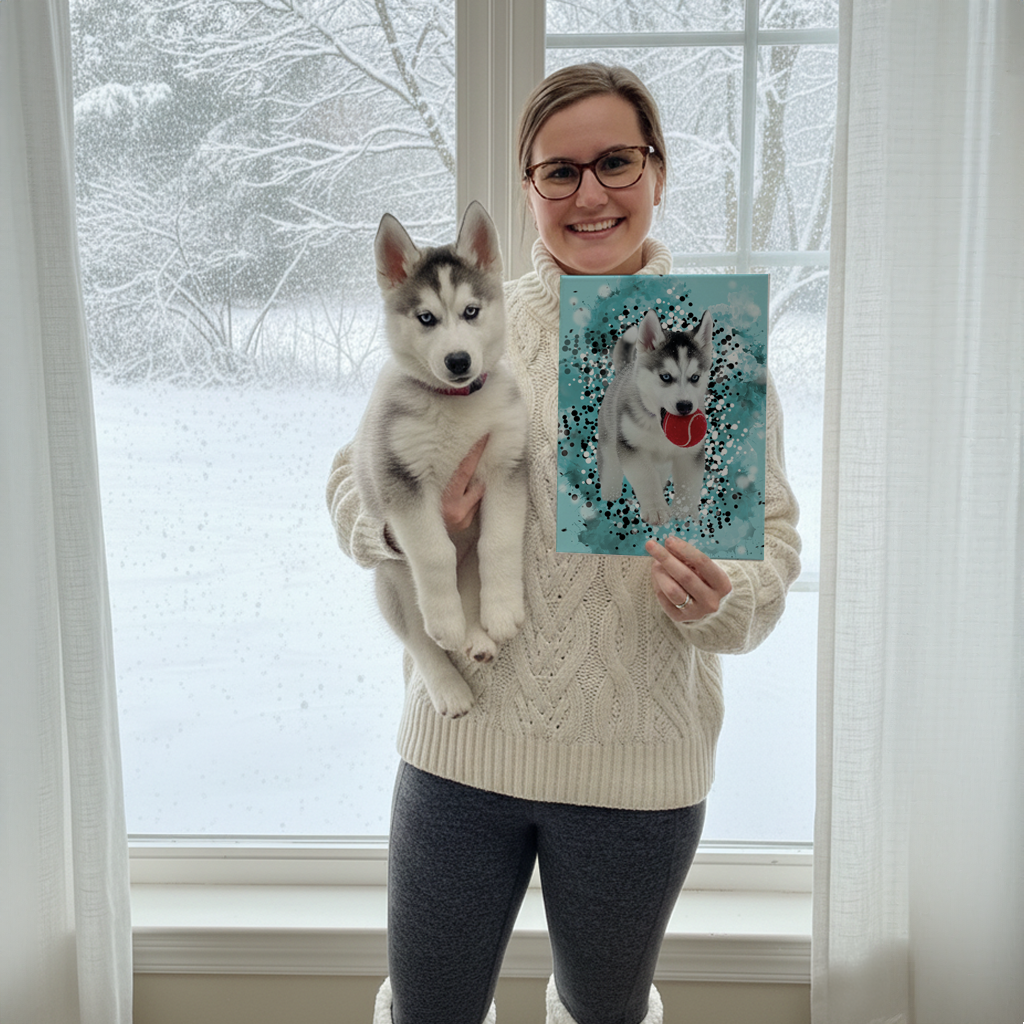 woman holding pup and canvas portrait of the puppy