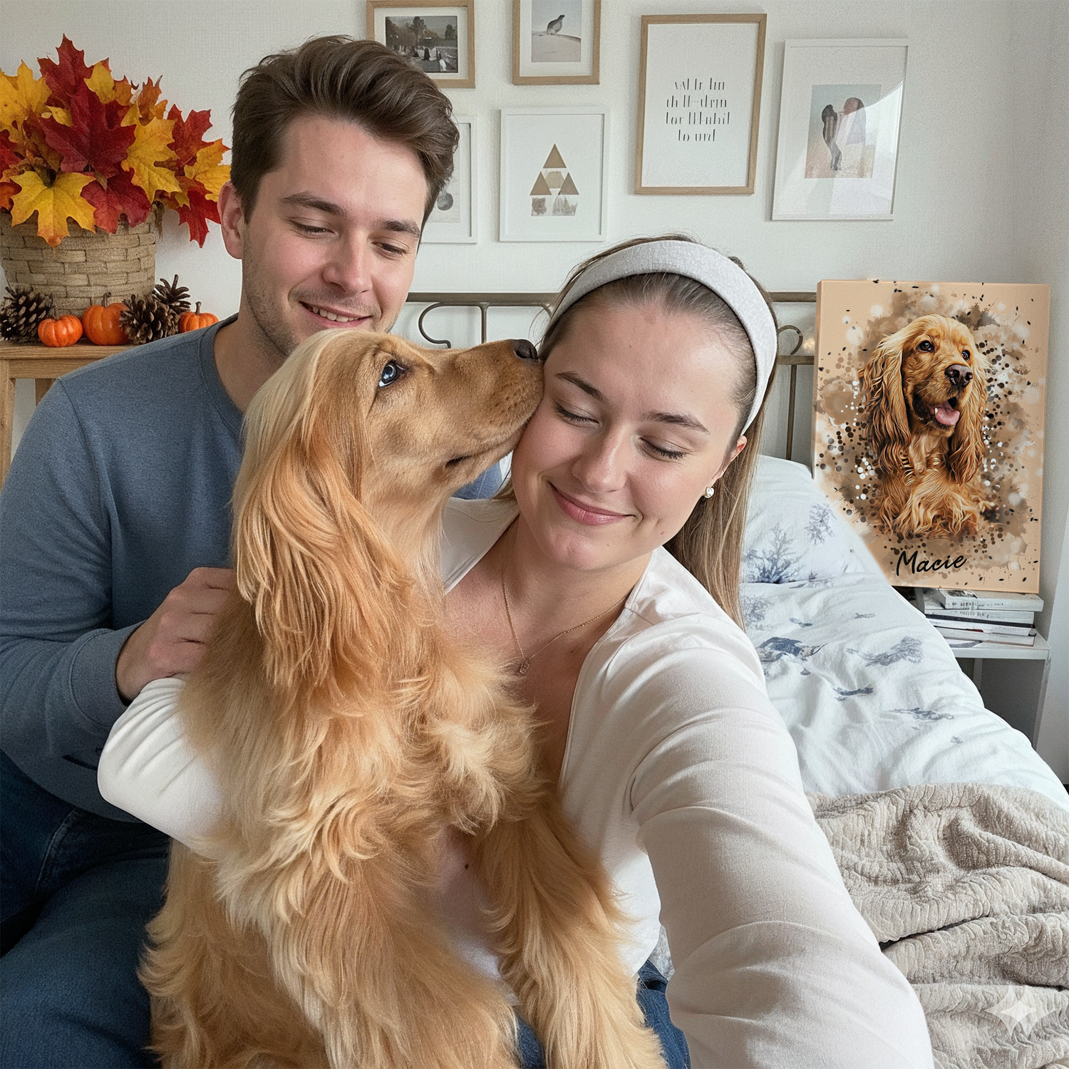 couple holding their dog and sitting in front of a personalized illustration of their dog 