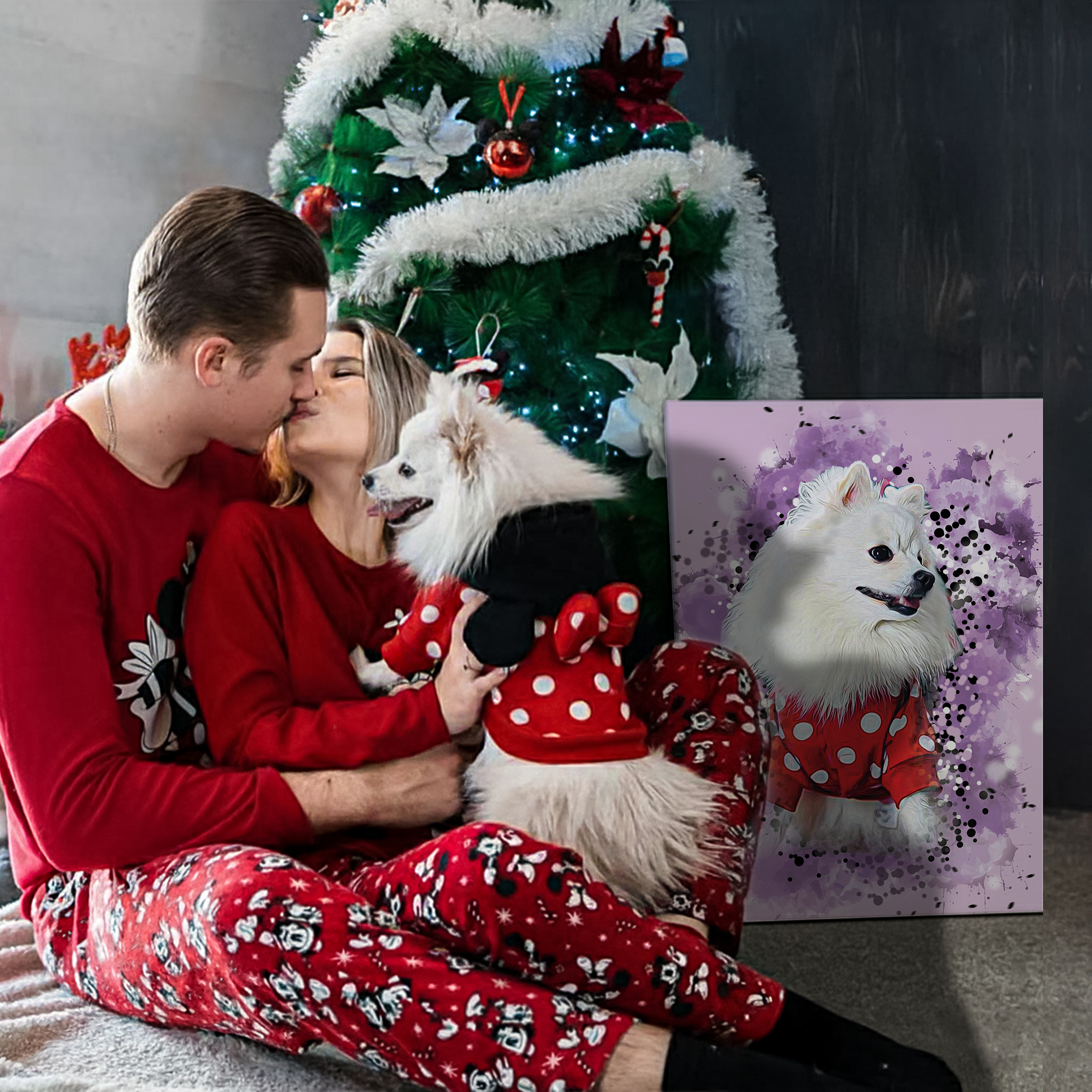 Couple kissing while holding dog and sitting next to pet portrait canvas