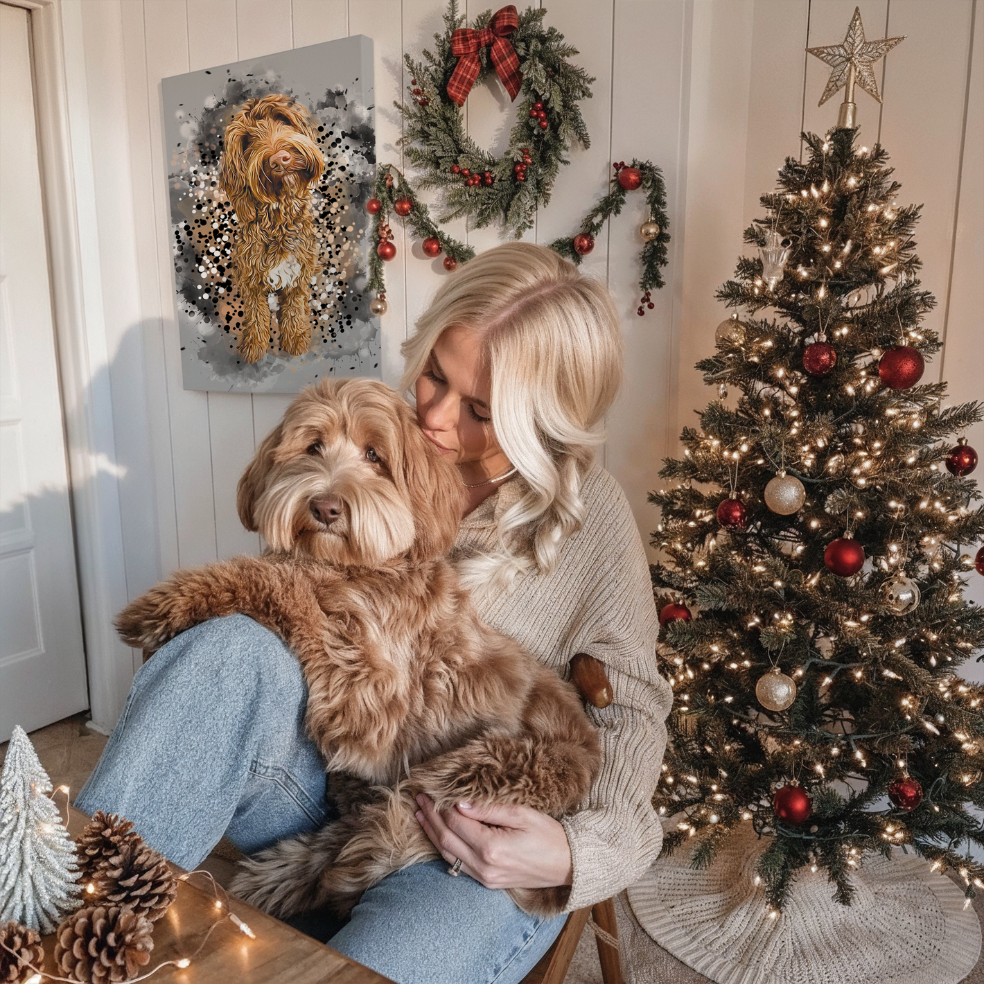 Woman kissing dogs head sitting Infront of pet portrait canvas and Christmas tree