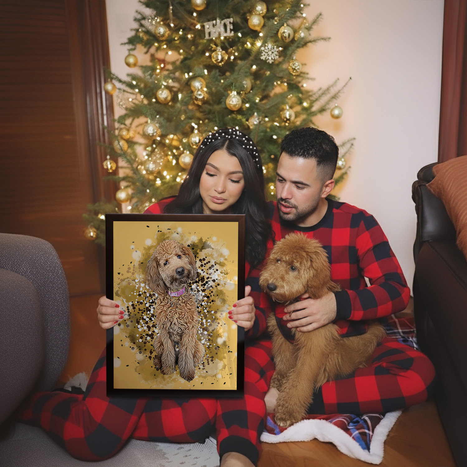 Couple and their dog sitting in front of Christmas tree looking at dog portriat canvas