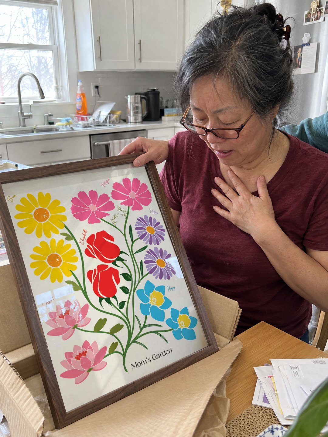 Mom with her hand on her heart as she opens her garden