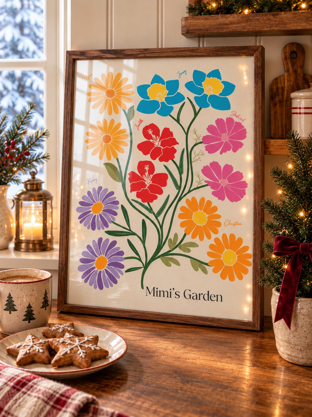 Mimi's Garden in a wood frame on a cozy Christmas kitchen counter
