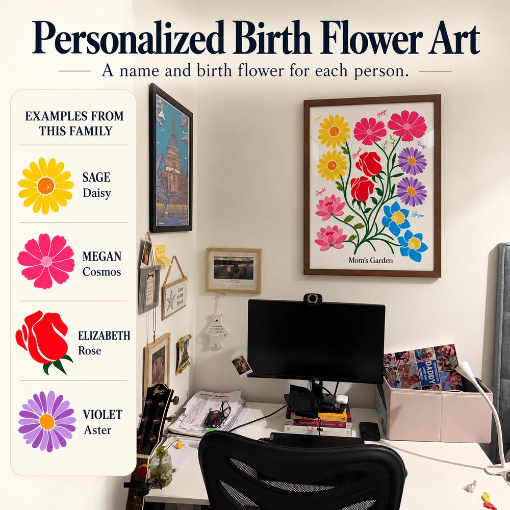Birth flower family garden print on a wall at home